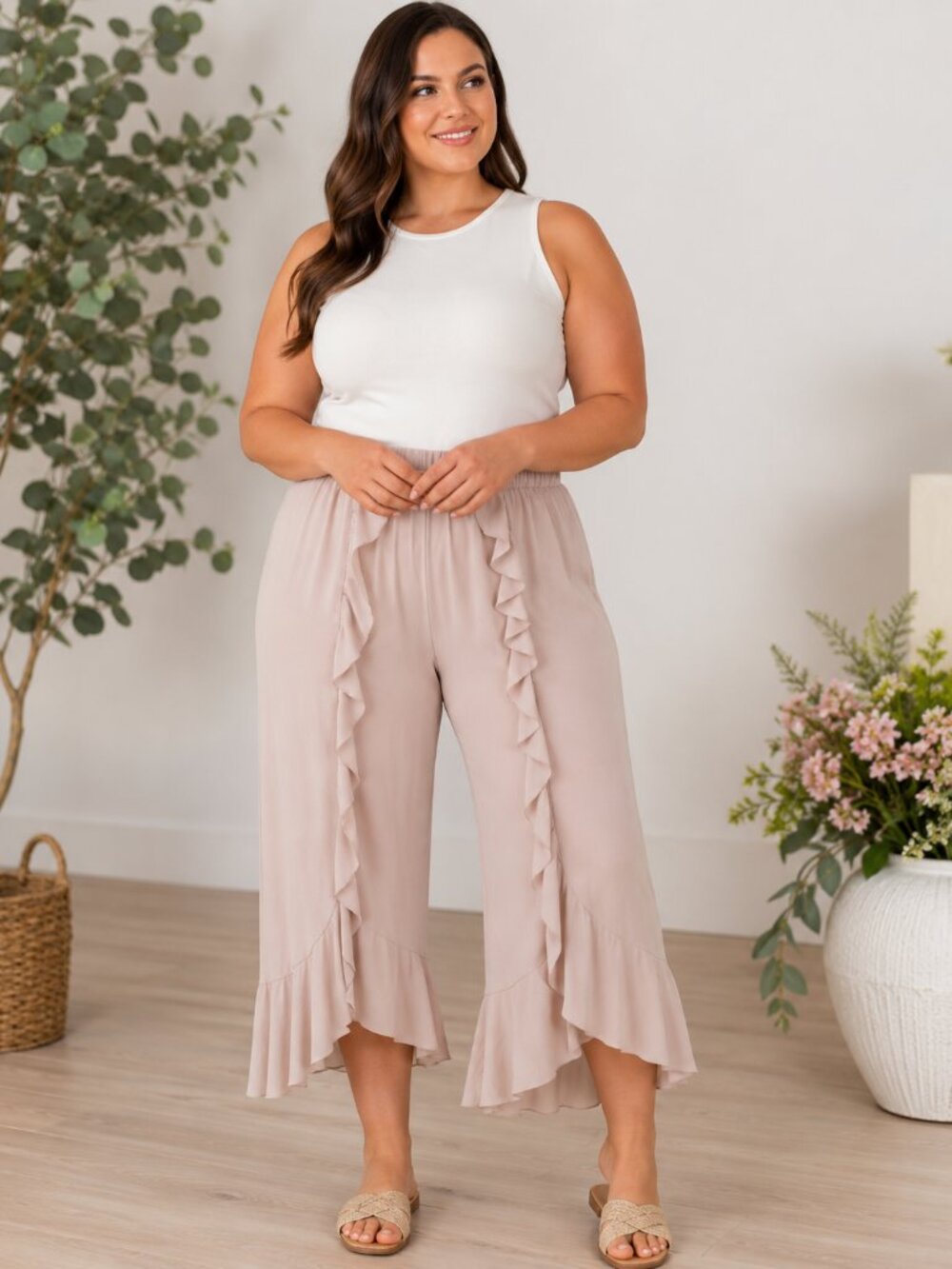 Flowy Ruffle Edge Rayon Crepe Pants - Taupe